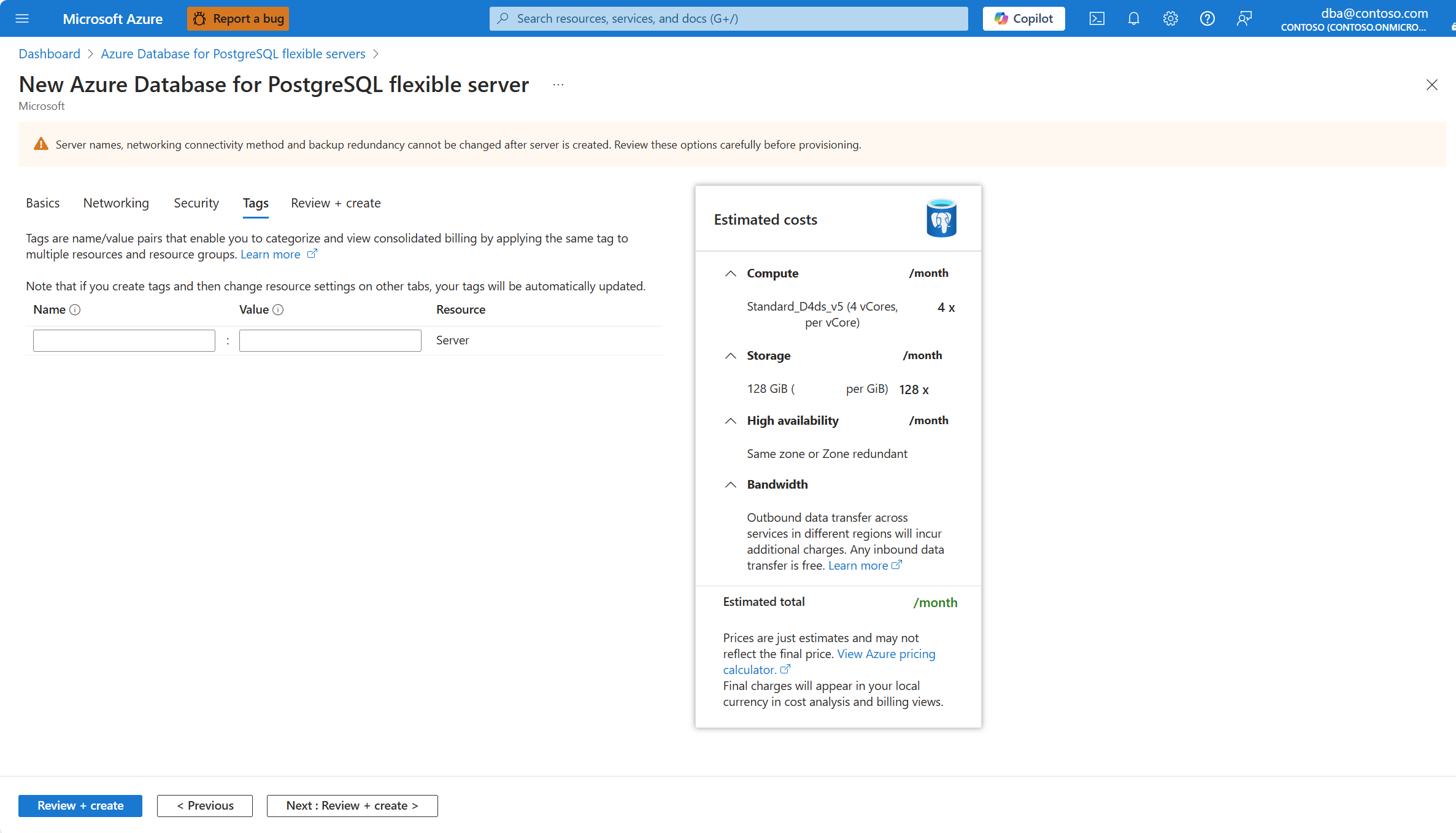 Screenshot that shows the Tags tab of the New Azure Database for PostgreSQL Flexible server wizard to create a new instance.