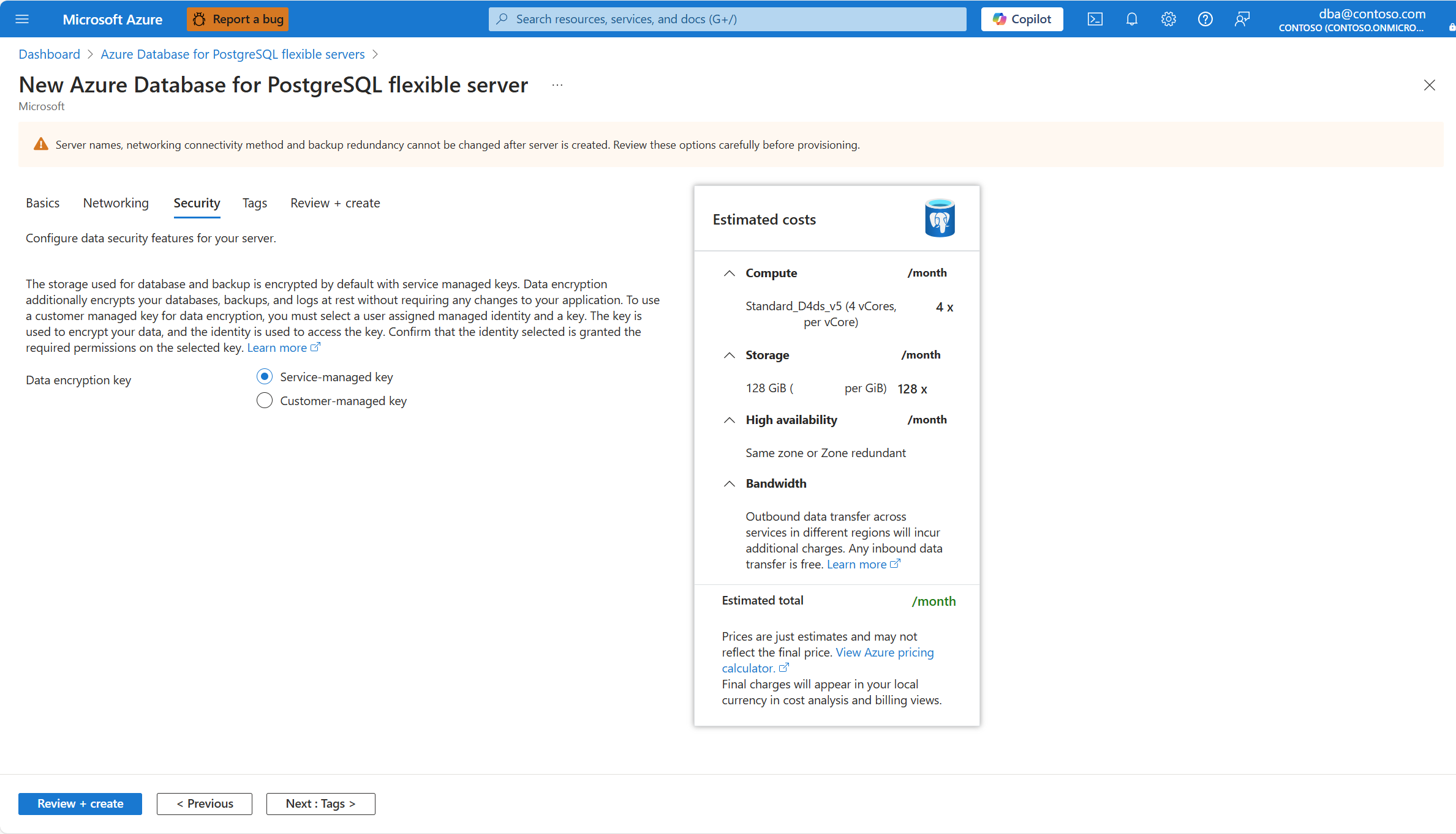 Screenshot that shows the highlights the Next: Tags button in the Security tab of the New Azure Database for PostgreSQL Flexible server wizard to create a new instance.