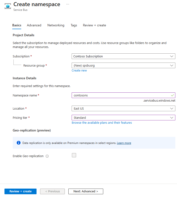 Image showing the Create a namespace page