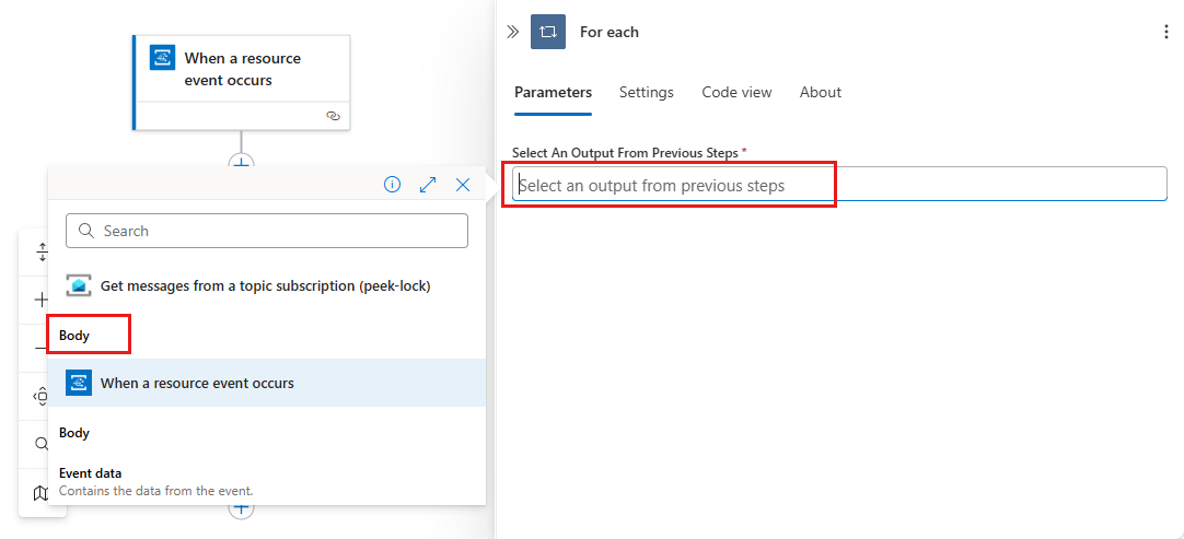 Screenshot that shows the selection of For each input.