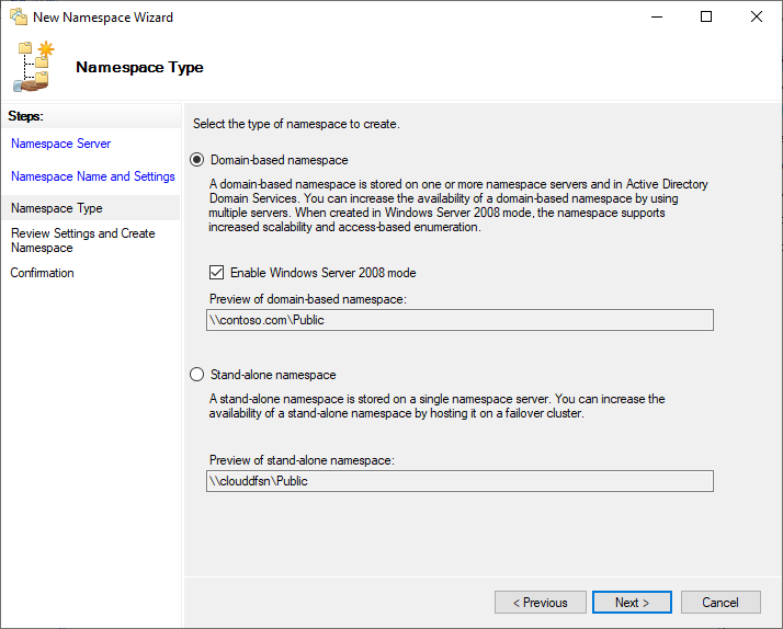 A screenshot of selecting between a ___domain-based namespace and a standalone namespace in the New Namespace Wizard.