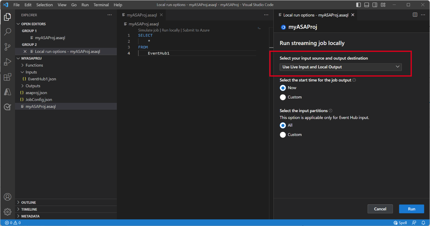 Screenshot of VS Code extension selecting play mode for local run.