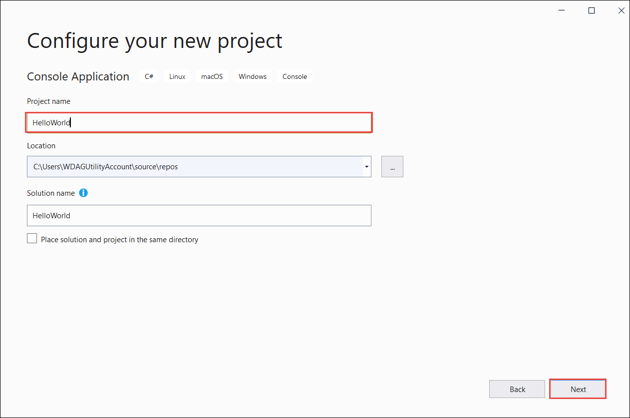 Configure your new project window with Project name, ___location, and solution name fields