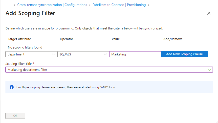 Screenshot that shows the Add Scoping Filter page with sample filter.