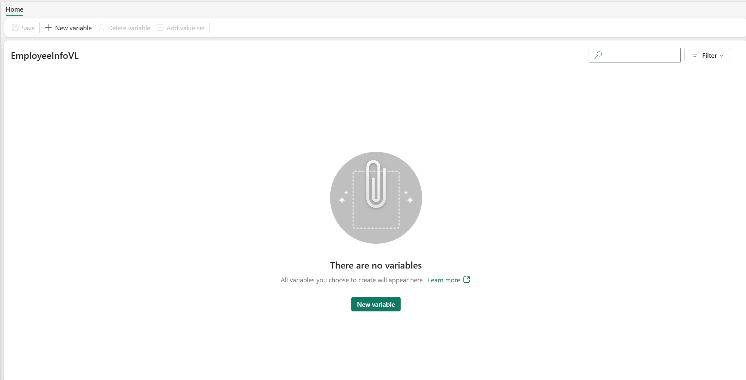 Screenshot of an empty Variable library. It says there are no variables, and there's a green button that says New variable.