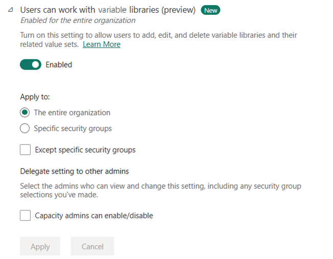 Screenshot of Variable library tenant switch.