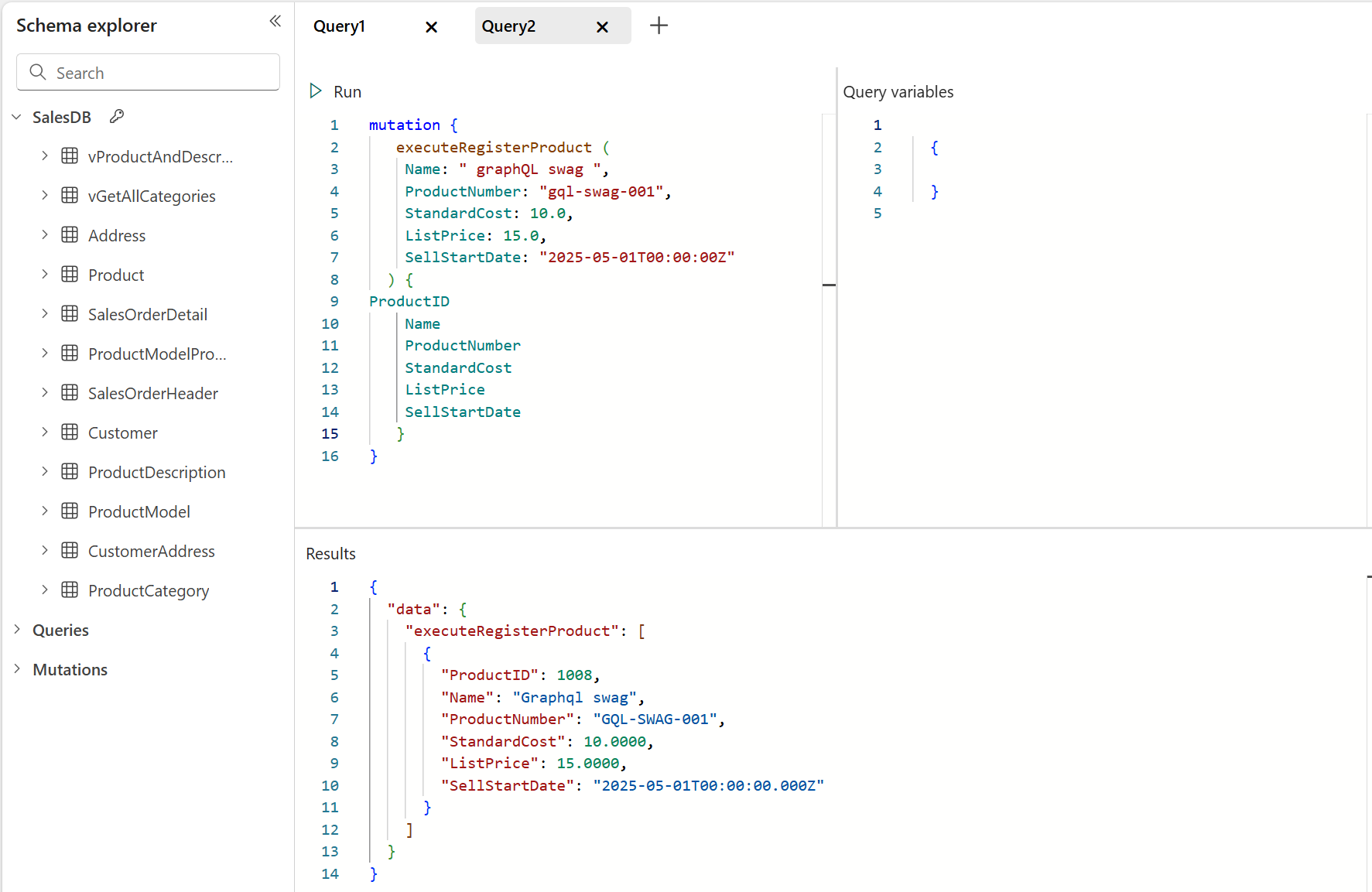 Mutation in the GraphQL API portal displaying the results