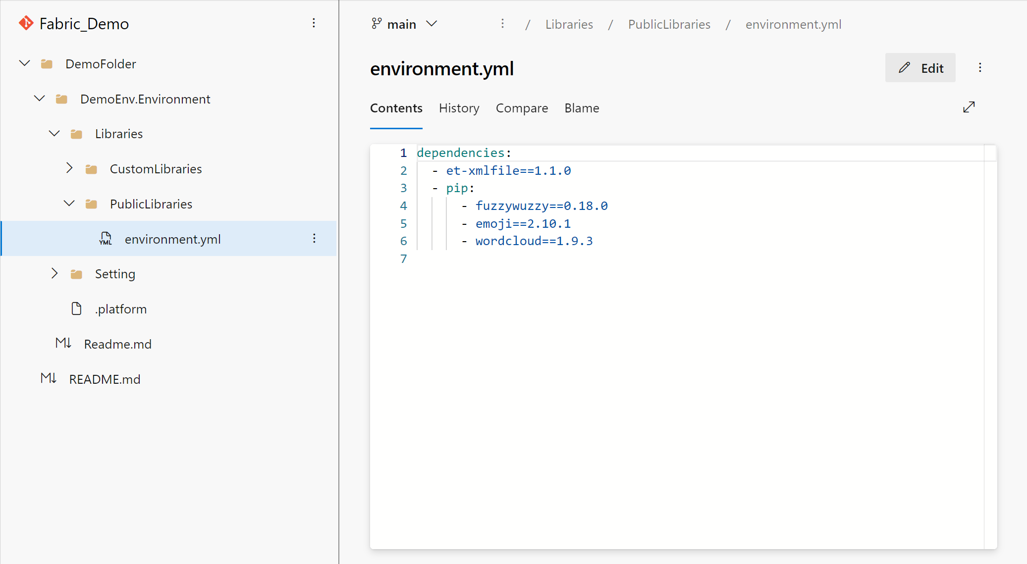 Screenshot that shows the public library local representation of the environment in Git.