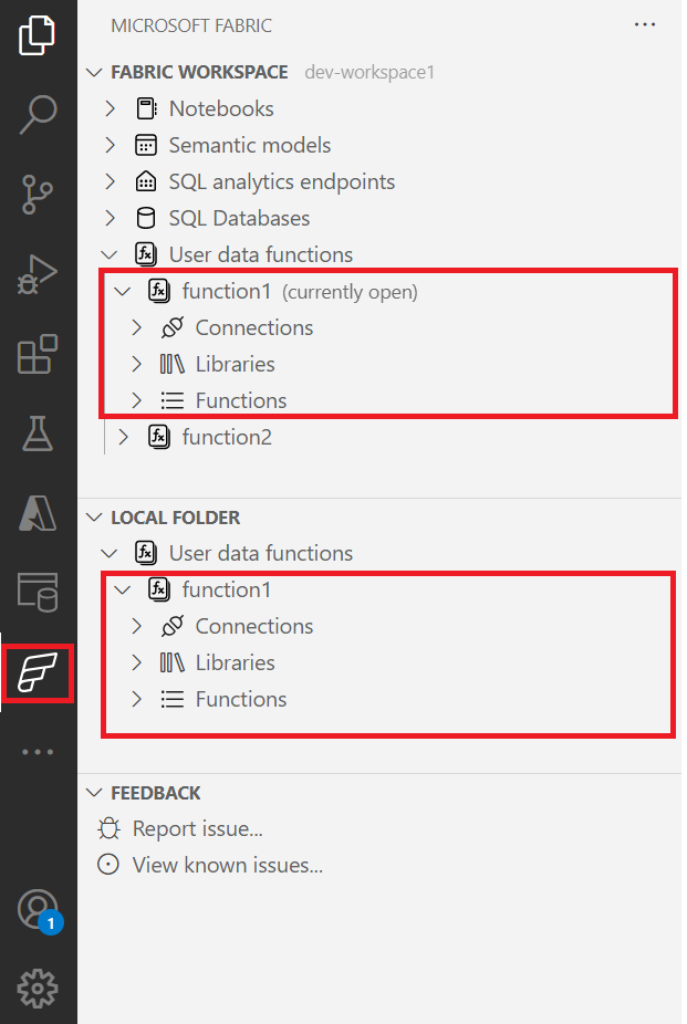 Screenshot showing fabric explorer view and local folder view.