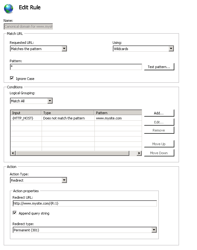 Screenshot of Edit Rule pane with sections for ___domain Name, URL, Conditions, and Action.