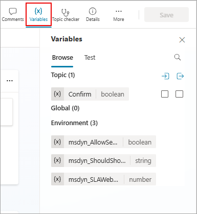 Screenshot of the Variables panel in Copilot Studio, with the Variables button highlighted.