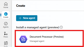 Screenshot showing how to create a Document Processor agent.