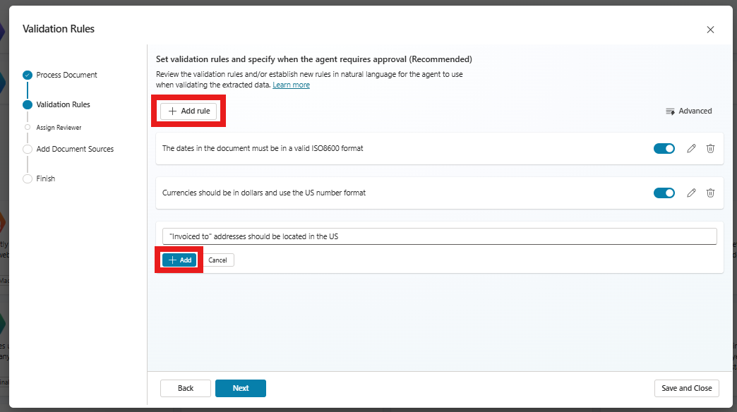 Screenshot showing how to add a validation rule.