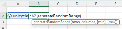 Screenshot of entering generateRandomRange method in Excel.