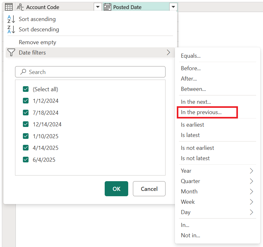 type specific filter for a date column.