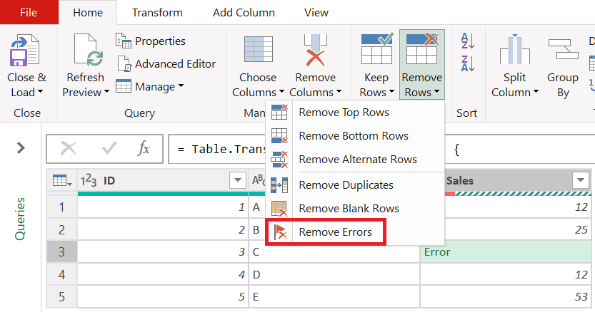 Remove errors button on the Home tab.