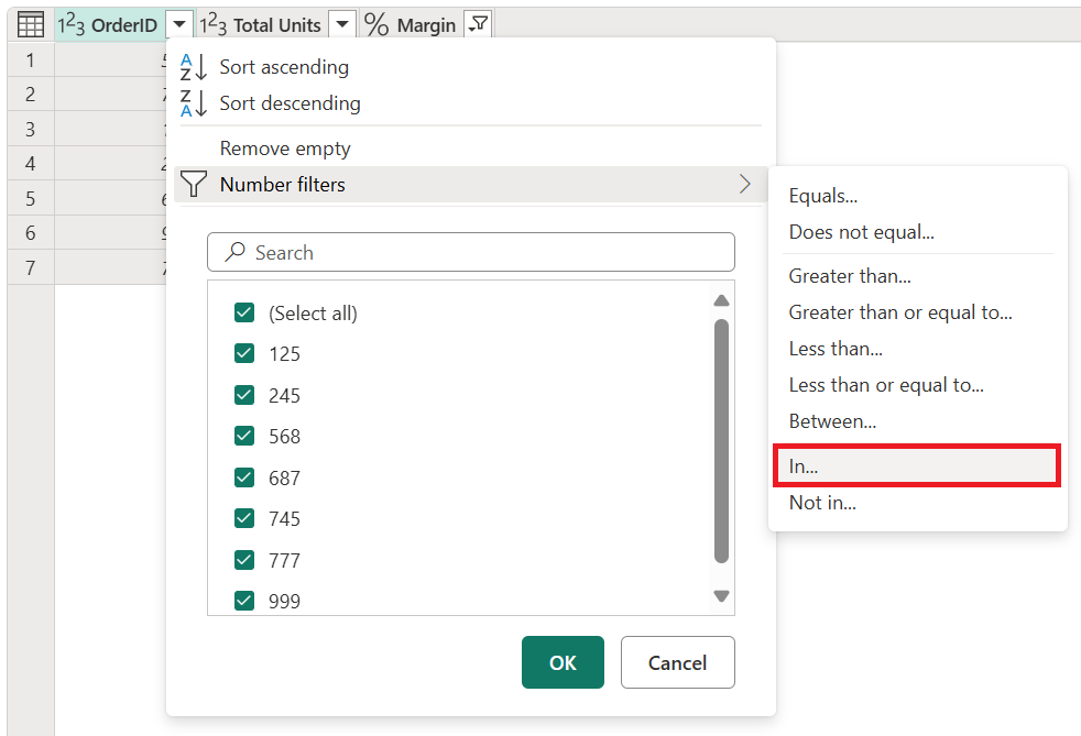 Screenshot with the In option inside the Numbers filters submenu for the OrderID column.