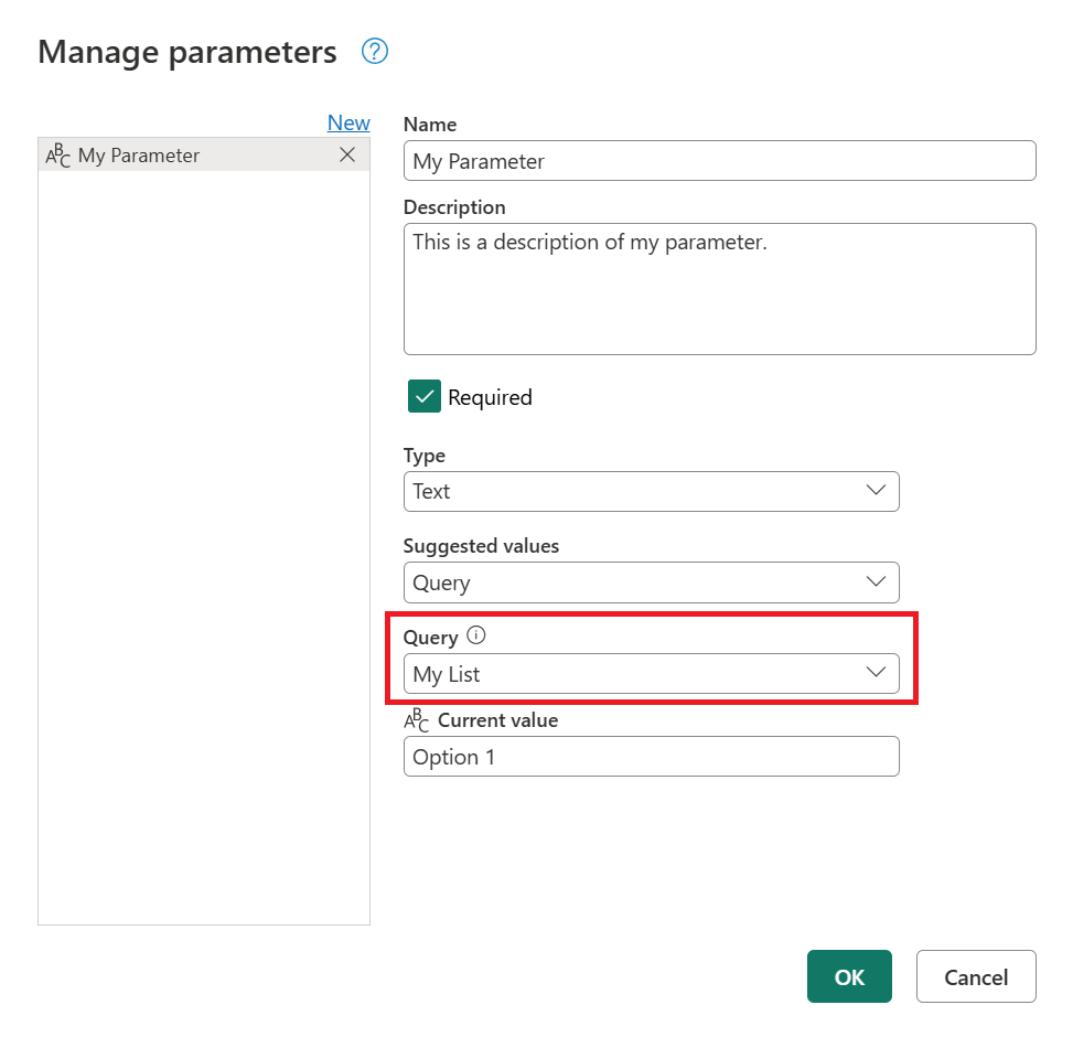 Screenshot of Manage parameters with a list query emphasized.