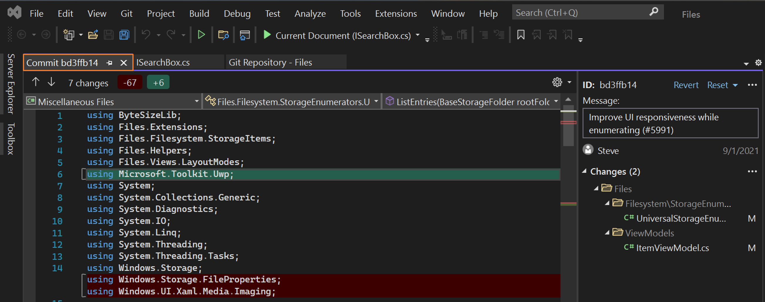 Screenshot of the tab for commit details.