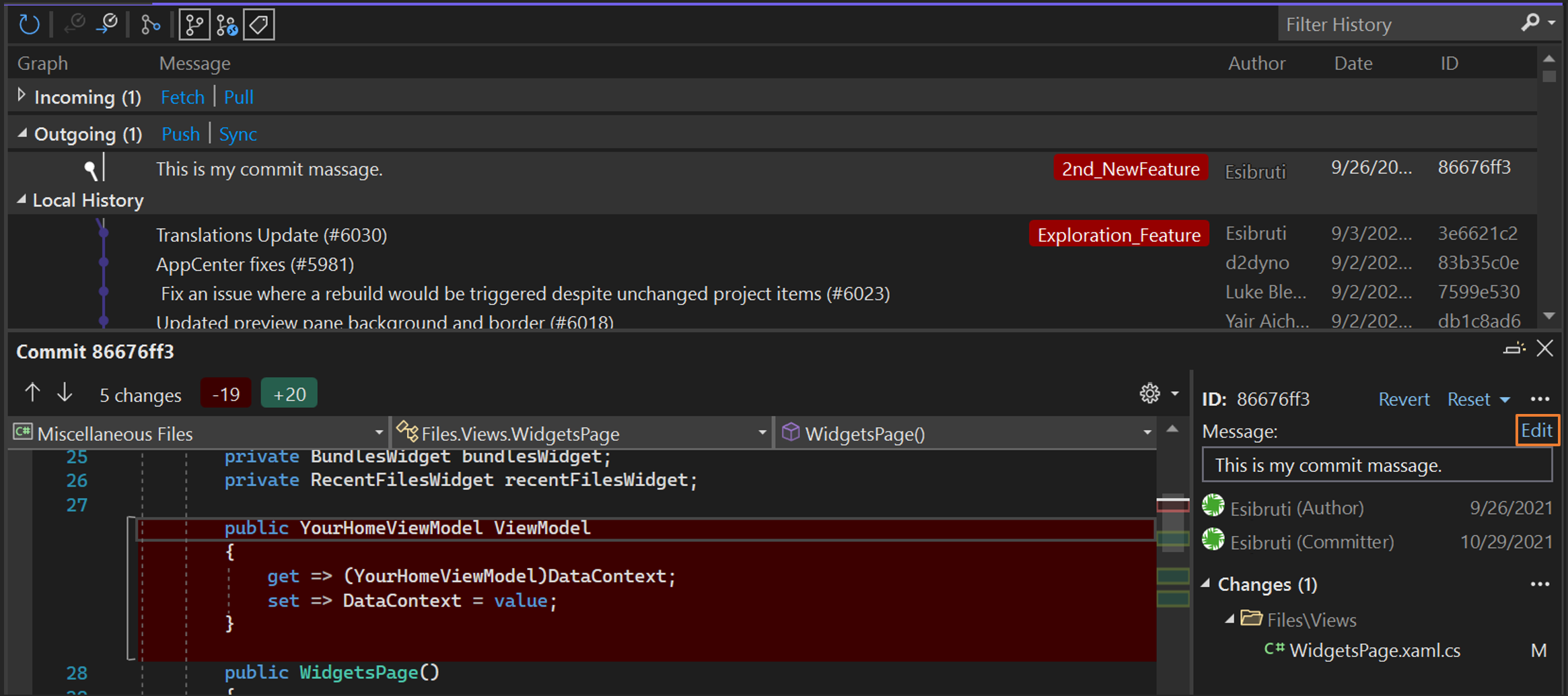 Screenshot of editing a commit message.