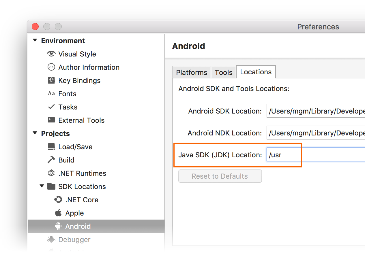 Setting the JDK ___location in the Android Locations tab
