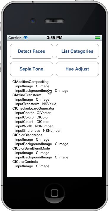 The List Categories output looks like this on the simulator