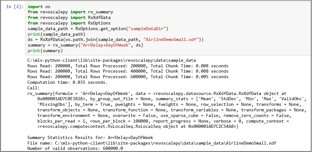 Screenshot from a Jupyter notebook showing revoscalepy inputs and output.