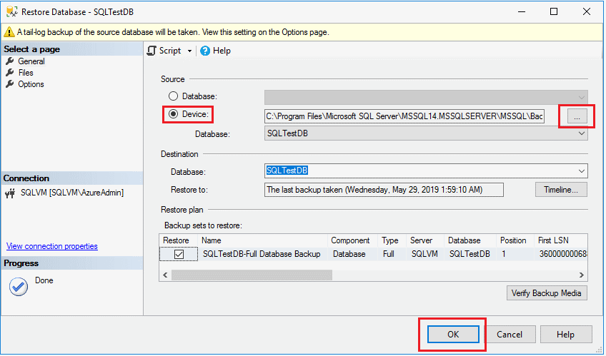 Screenshot of Restore the database.