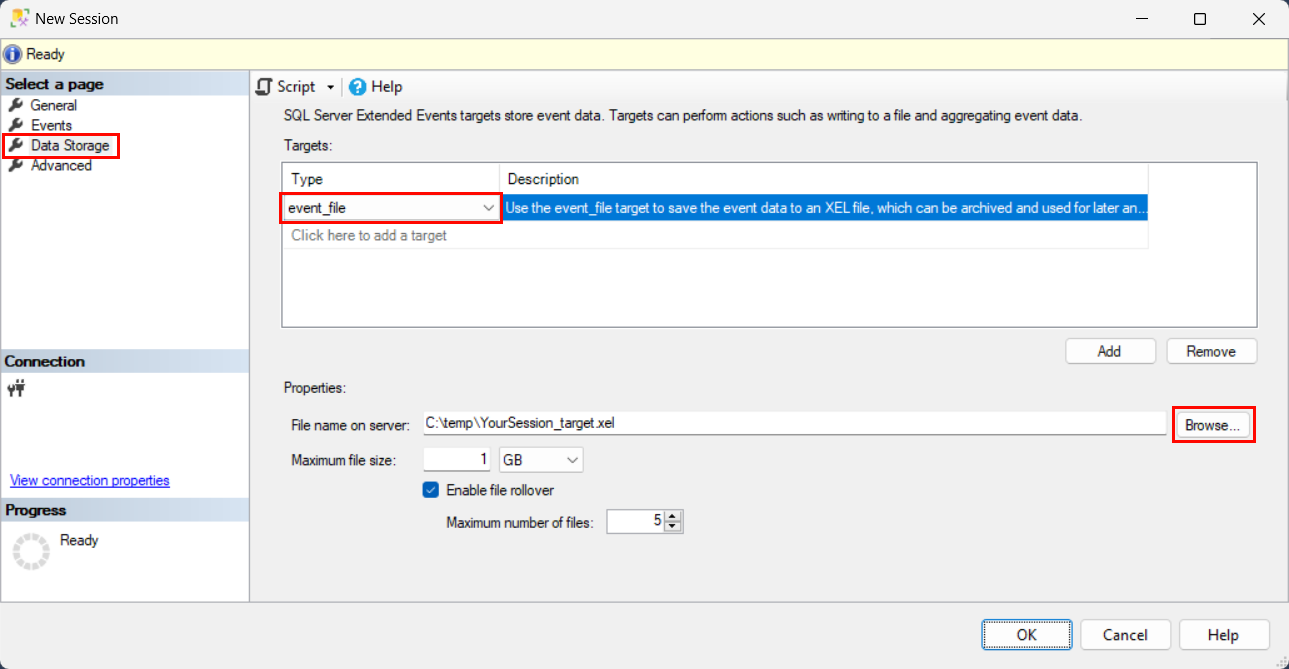 Screenshot of New Session > Data Storage > Targets > Type > event_file.