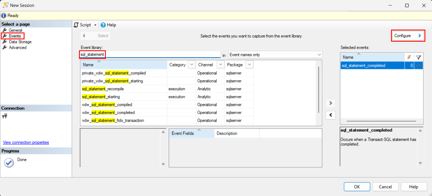 Screenshot of New Session > Events > Select from the events library. sql_statement_completed is selected. The configure button is the next action.