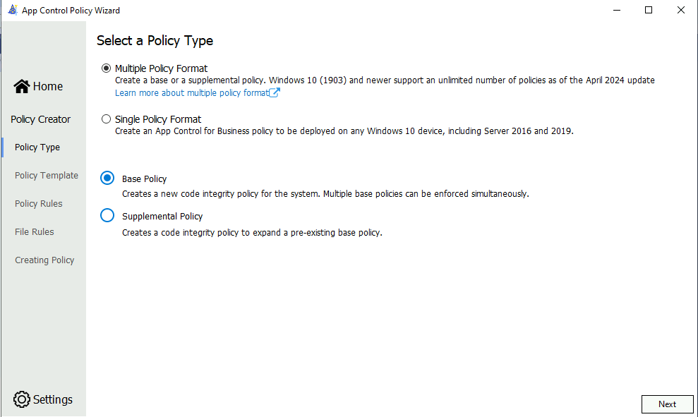 Screenshot of the WDAC Select Policy Type screen.
