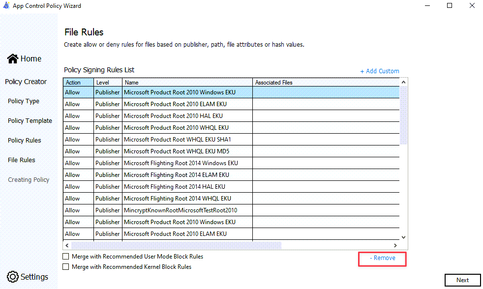 Screenshot of the WDAC File Rules screen.