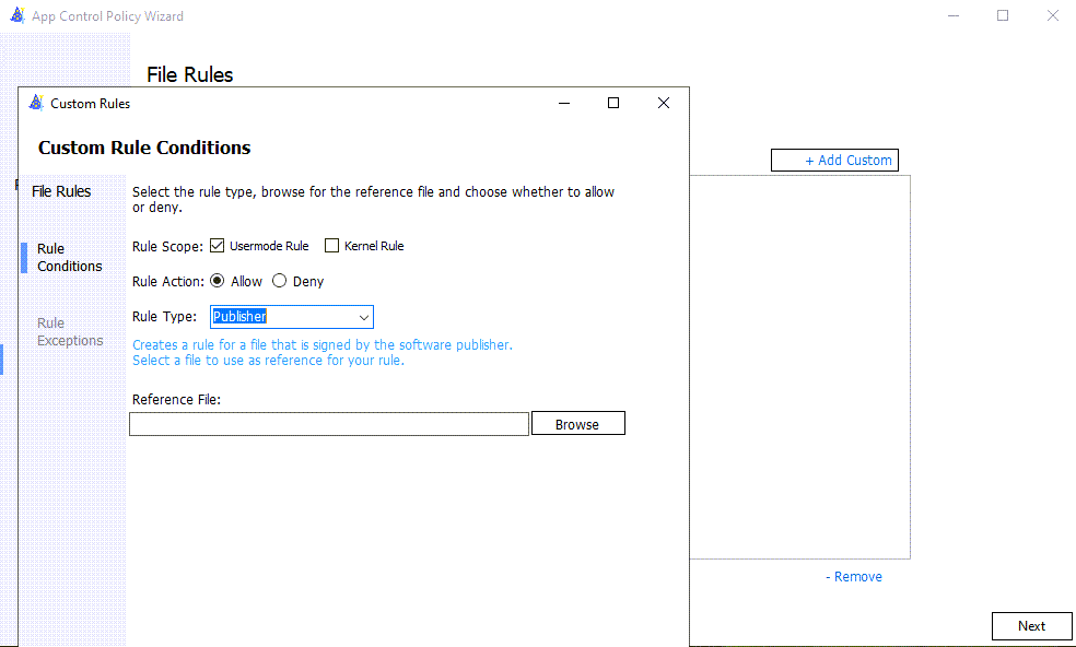 Screenshot of the WDAC Custom policy screen.