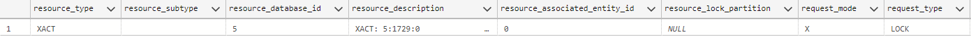 Screenshot of the result set of a query on sys.dm_tran_locks for a single session shows only one lock when optimized locking is enabled.