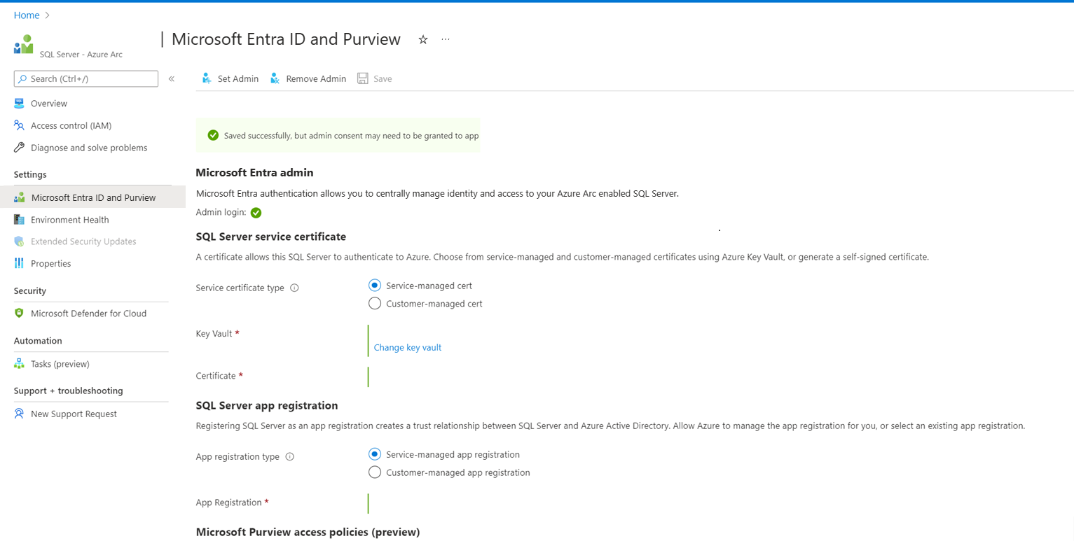 Screenshot of setting Microsoft Entra authentication with automatic certificate and application generation in the Azure portal.