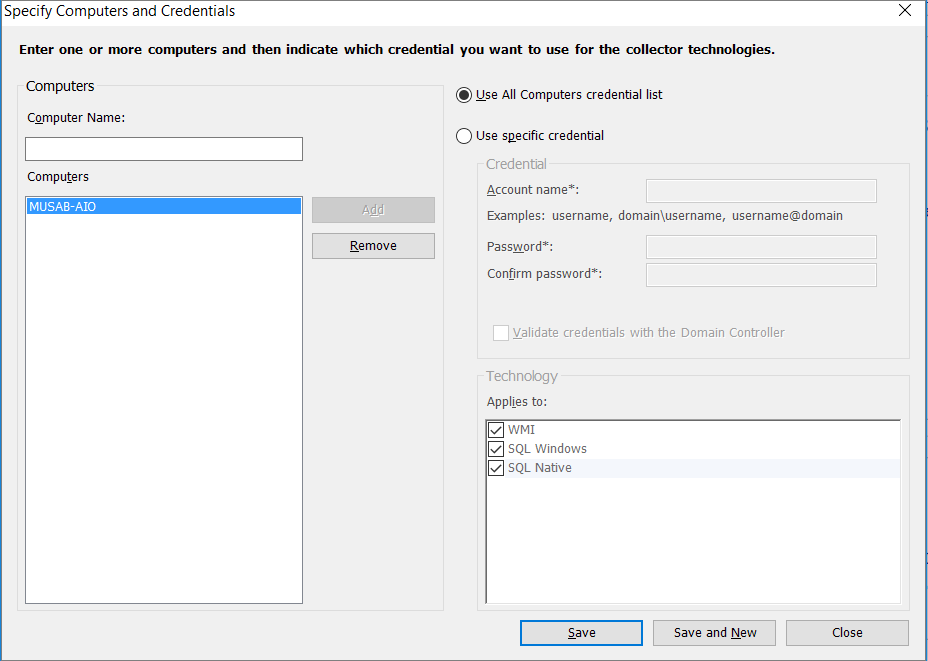 Screenshot of the 'Use all computers credential list' option for specifying the credentials for each computer you want to discover.
