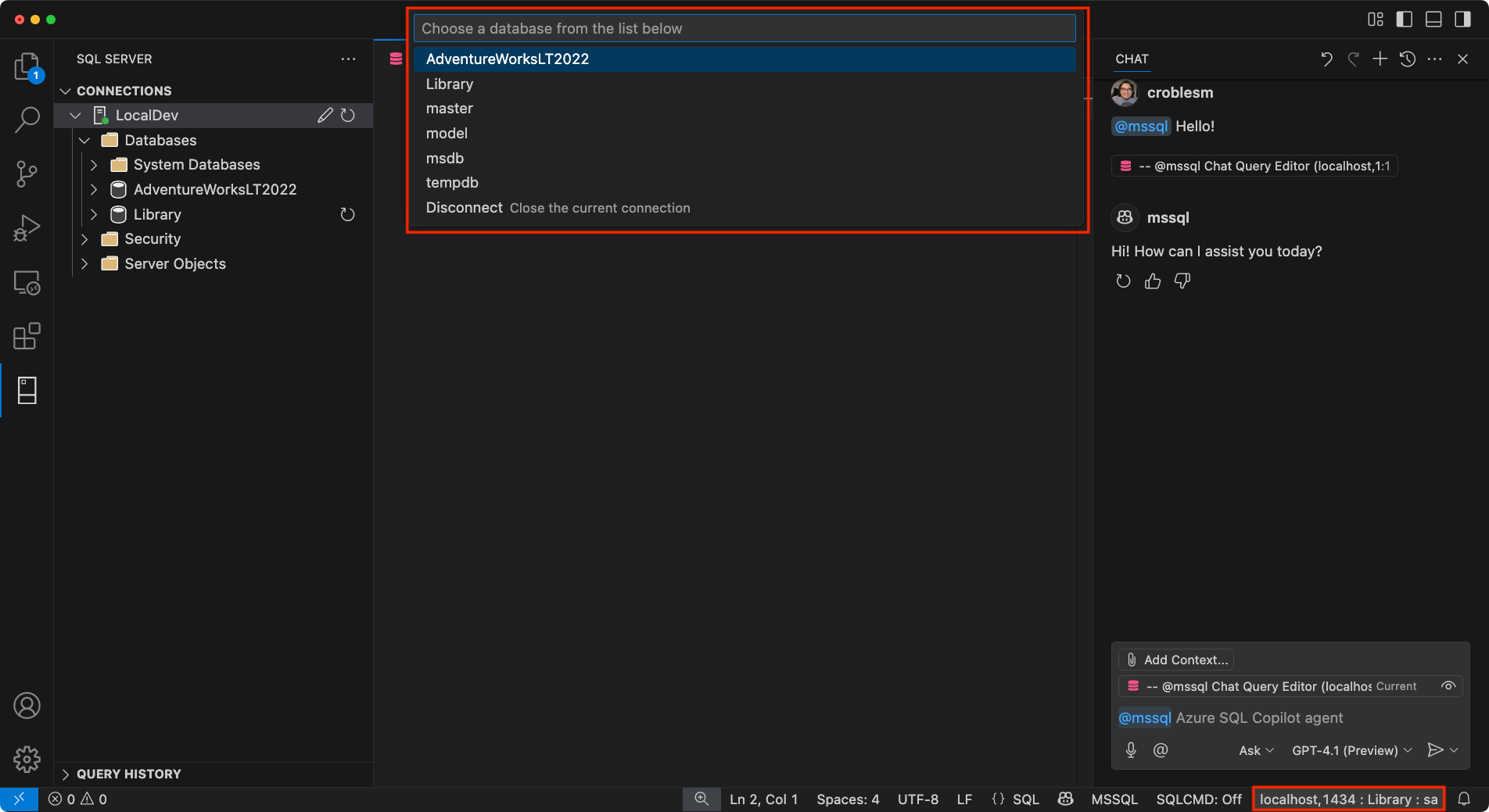 Screenshot of the GitHub Copilot chat window and MSSQL extension changing database context using the status bar in Visual Studio Code.
