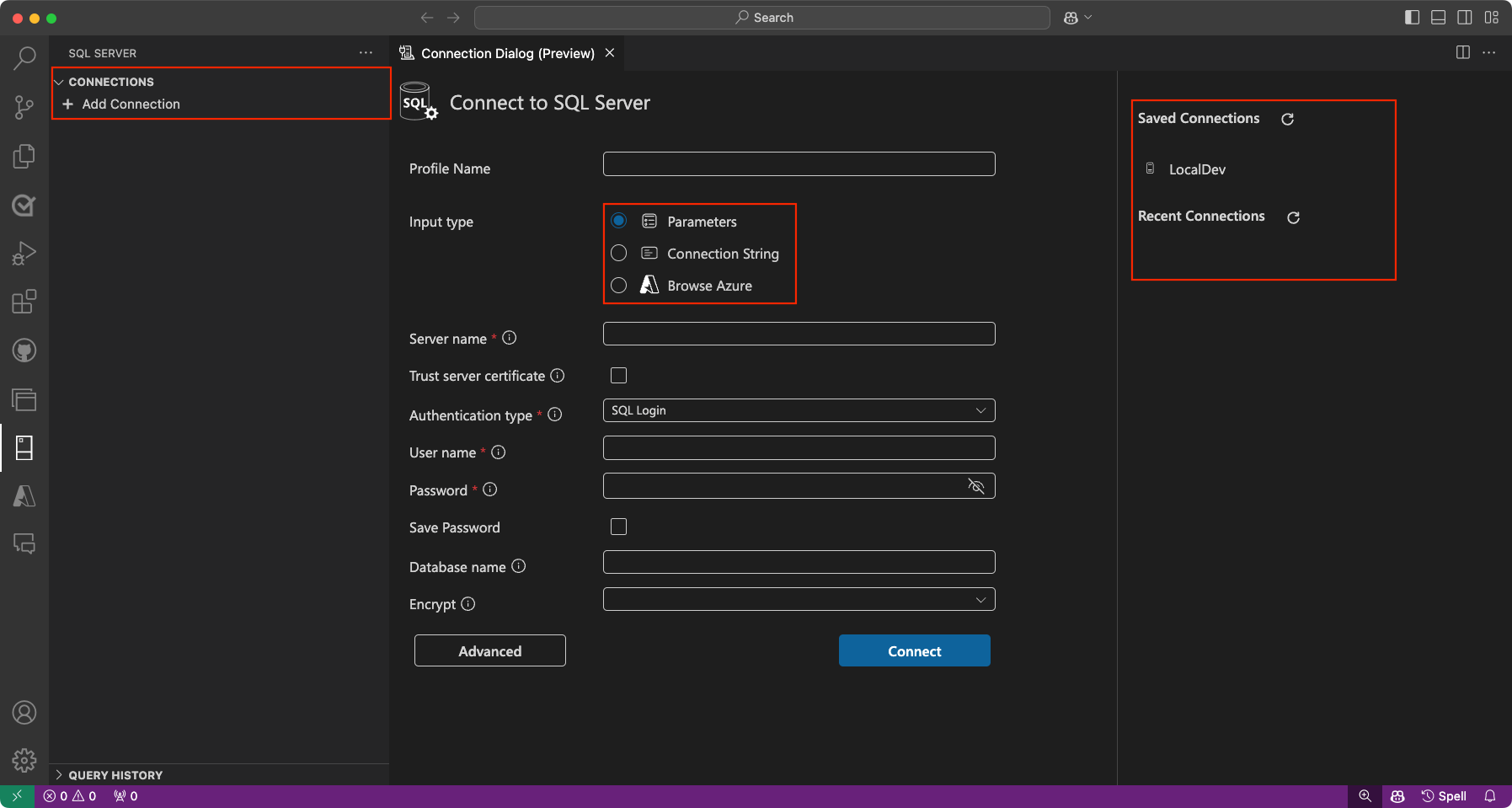 Screenshot of the Connection Dialog window.
