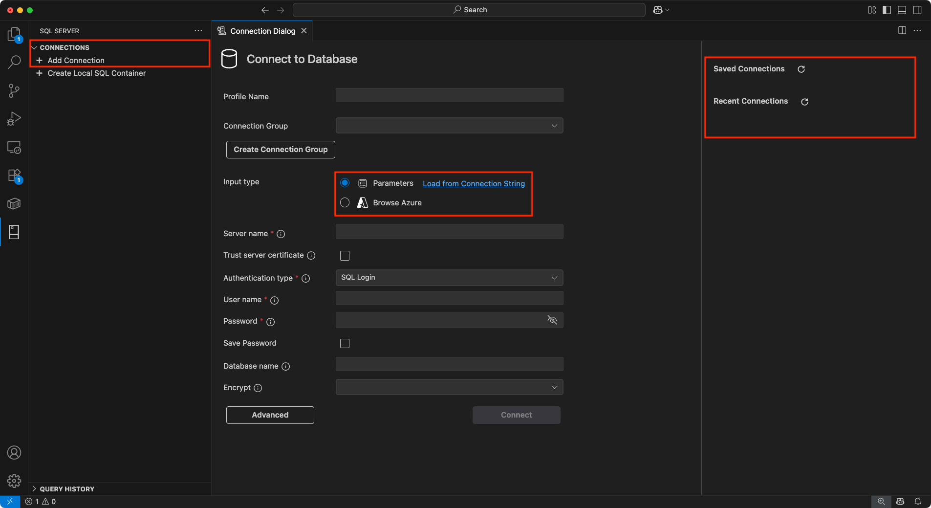 Screenshot of the new connection dialog feature.