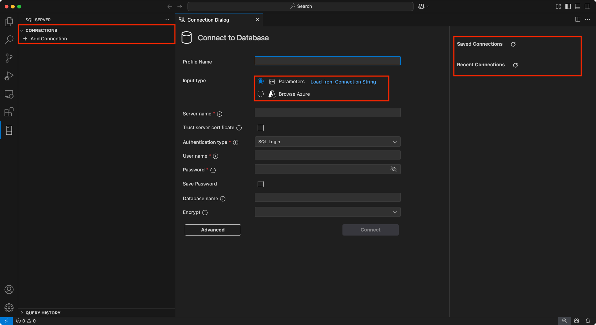 Screenshot of the new connection dialog feature.