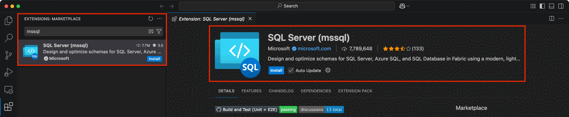 Screenshot of the MSSQL extension in Visual Studio Code.