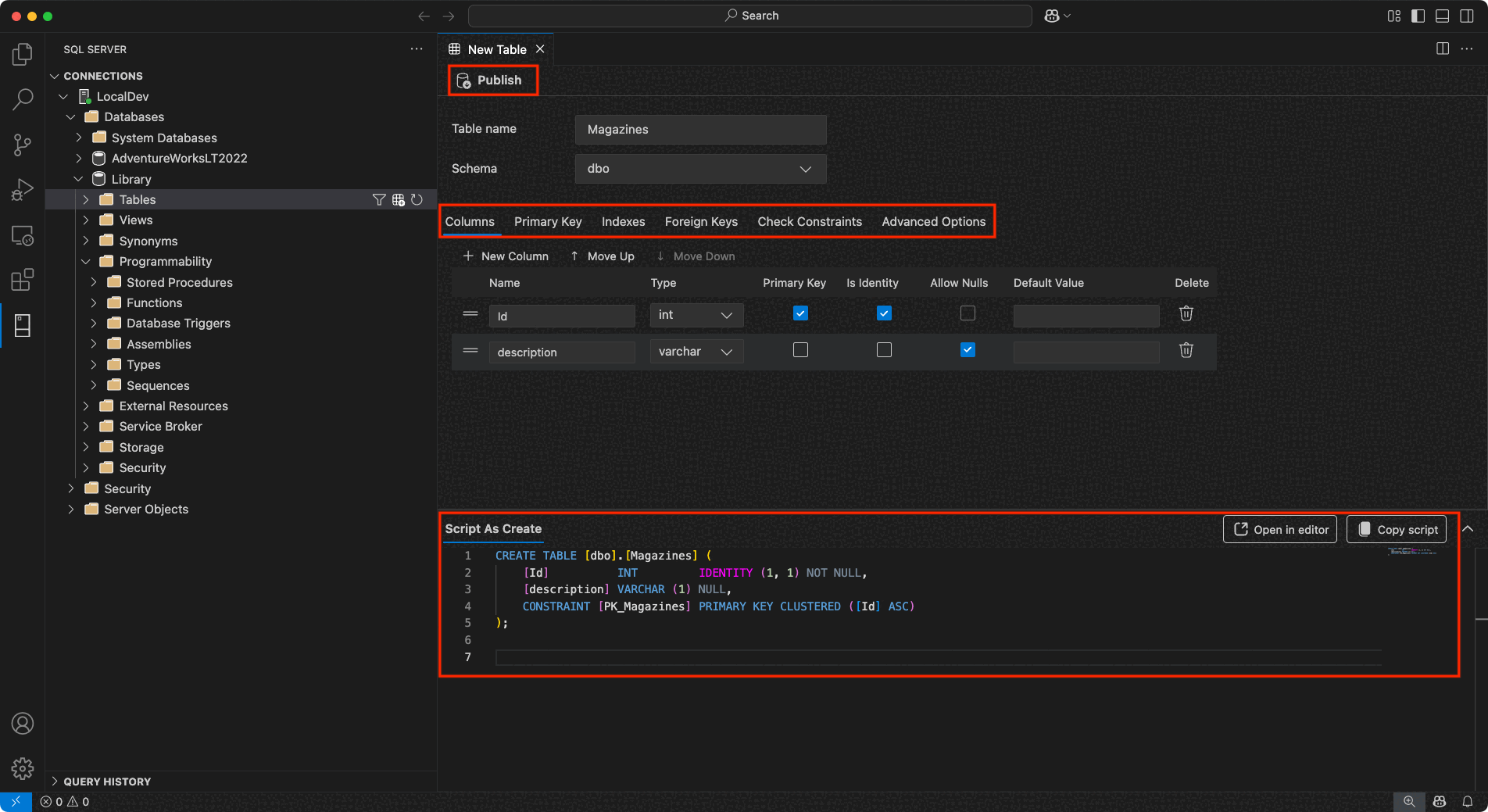 Screenshot of the new table designer feature.