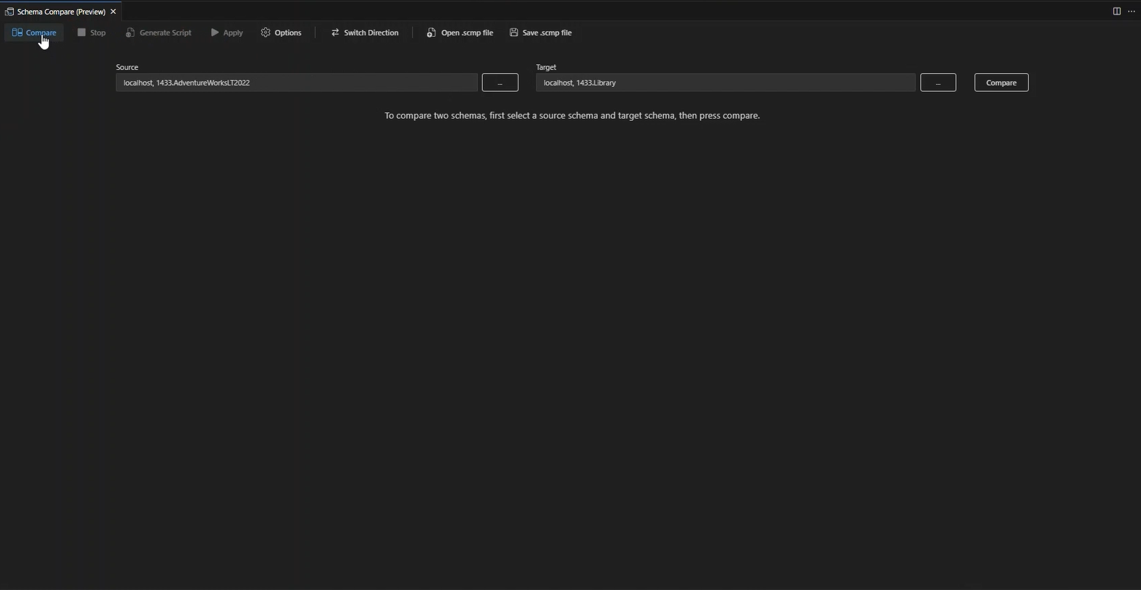 Screenshot of Selecting the Compare button to view schema differences.