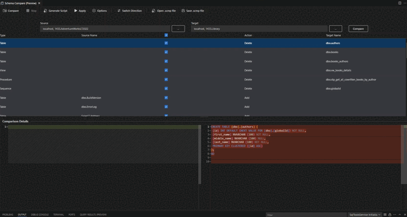 Screenshot of Viewing the list of schema differences in the Schema Compare.