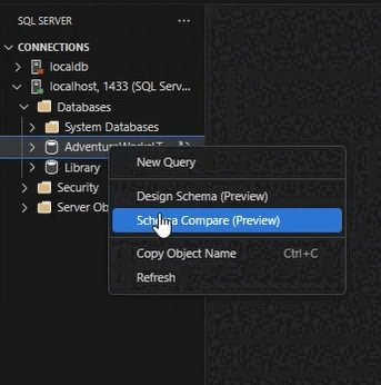 Screenshot of Opening Schema Compare by right-clicking a database in Object Explorer.