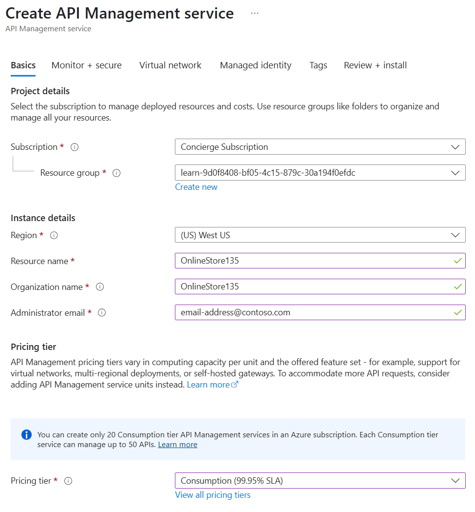 Screenshot showing settings for an API Management service.