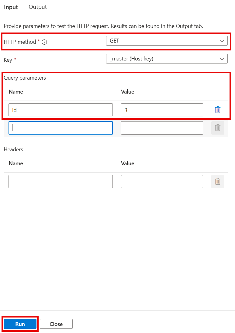 Screenshot of the input pane for Test + Run, with the input parameter for the HTTP GET method highlighted.