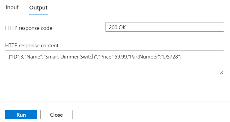 Screenshot of the output of a pane for Test + Run with response results of running the GET method.