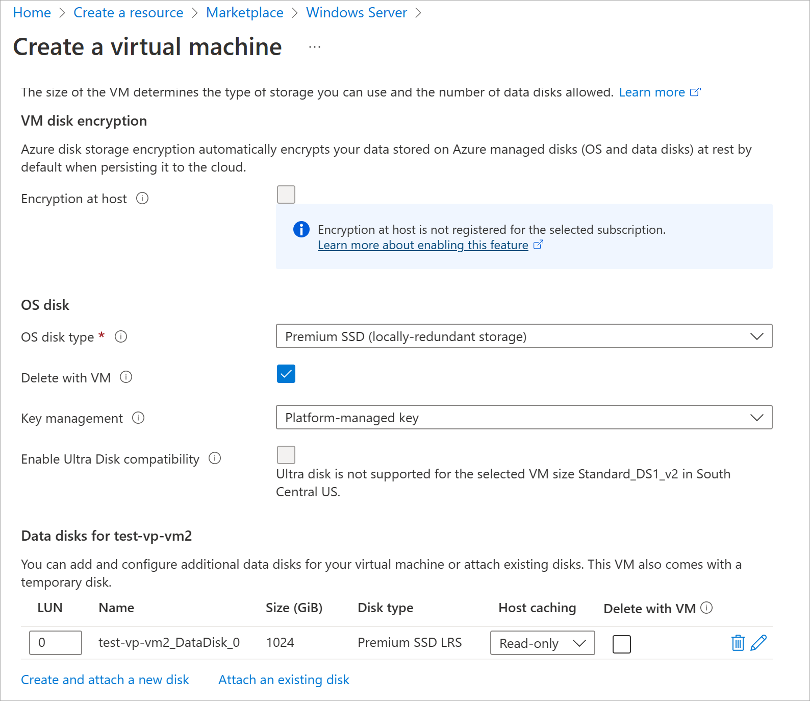 Screenshot showing the configured disks section for the VM.