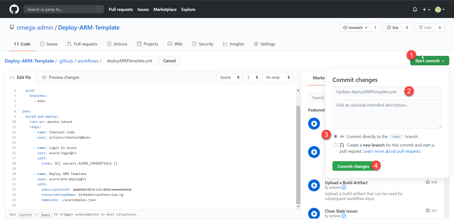 Screenshot that shows committing a workflow to the main branch.